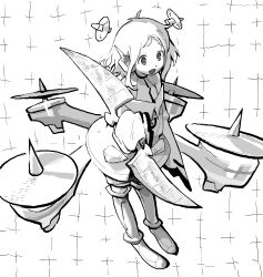 1girl absurdres arm_at_side bare_shoulders boots character_request copyright_request double_blade dress drone fang floating_headgear full_body greyscale grid_background gundam_(vxrwvww) halter_shirt halterneck hand_up headgear highres holding holding_sword holding_weapon looking_ahead medium_hair monochrome off-shoulder_dress off_shoulder open_mouth parted_bangs personification robot_ears rotor short_dress sleeves_past_fingers sleeves_past_wrists smile solo standing sword thigh_boots weapon