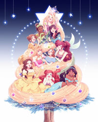 6+girls absurdres animification ariel_(disney) aurora_(disney) beauty_and_the_beast_(disney) belle_(disney) black_hair blonde_hair blue_eyes bow brown_eyes brown_hair christmas christmas_tree dark-skinned_female dark_skin disney disney_princess dress earrings elbow_gloves fa_mulan_(disney) gloves hair_bun hercules_(1997_movie) highres jane_porter jasmine_(disney) jewelry long_hair looking_at_viewer megara_(disney) mizala mulan_(movie) multiple_girls necklace ponytail rapunzel_(disney) short_hair sleeping_beauty_(disney) smile tangled tarzan_(disney_movie) the_little_mermaid_(disney) the_princess_and_the_frog tiana_(the_princess_and_the_frog) tiara walt_disney&#039;s_peter_pan wendy_darling