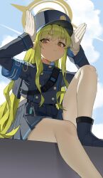 1girl ansauce armband backlighting backpack bag belt black_belt blue_archive blue_armband blue_boots blue_hat blue_jacket blue_skirt boots buttoned_cuffs buttons charm_(object) chinese_commentary closed_mouth cloud cloudy_sky commentary_request cropped_jacket day double-breasted foot_out_of_frame frown gloves green_hair hair_between_eyes halo hands_up hat highres hikari_(blue_archive) jacket knee_up light_blush long_hair long_sidelocks long_sleeves looking_at_viewer looking_to_the_side nose outdoors pantyhose peaked_cap pleated_skirt pointy_ears rabbit_pose shade sidelocks sideways_glance sitting skirt sky sleeve_cuffs solo split_mouth thick_eyebrows very_long_hair white_gloves white_pantyhose yellow_eyes yellow_halo