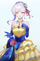 Rule 34 | 1girl, bare shoulders, blue hair, blue hands, blush, breasts, cleavage, colored inner hair, dress, fate/grand order, fate (series), flower, grin, hair flower, hair ornament, hair ribbon, highres, jewelry, kama (fate), large breasts, long hair, looking at viewer, multicolored hair, necklace, red eyes, ribbon, sash, smile, solo, suwa (swk kkk), two-tone hair, white hair, yellow dress