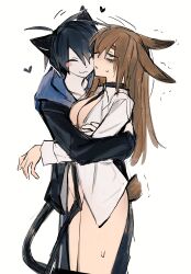 1boy 1girl ^_^ absurdres animal_ears aqinaaam black_hair black_hoodie black_leash breasts brown_hair cat_boy cat_ears cat_tail cleavage closed_eyes convenient_censoring heart hetero highres hood hood_down hoodie hug long_hair naked_shirt original rabbit_ears rabbit_girl rabbit_tail shirt short_hair simple_background smile standing tail unamused white_background white_shirt