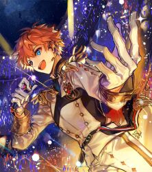 Rule 34 | 1boy, akehoshi subaru, blue eyes, brooch, cowboy shot, dongbackbyul, ensemble stars!, foreshortening, gloves, hair between eyes, highres, holding, holding microphone, idol, jewelry, light particles, light rays, long sleeves, looking ahead, male focus, microphone, night, night sky, open mouth, orange hair, panties, short hair, sky, smile, solo, stage lights, teeth, underwear, upper teeth only, white gloves, white panties