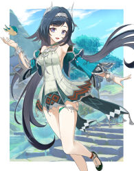 1girl absurdres bare_legs bare_shoulders bird bird_hair_ornament bird_ornament black_hair black_shoes border bracelet breasts choker cloud day detached_sleeves dress full_body genshin_impact gradient_eyes green_bird green_choker green_dress green_sleeves hair_intakes hair_ornament hairband highres huangwanzi jewelry lan_yan_(genshin_impact) long_hair long_sleeves medium_breasts multicolored_eyes open_mouth outdoors purple_eyes shoes short_dress silver_bracelet sky sleeveless sleeveless_dress solo stairs standing thigh_strap thighs water white_border