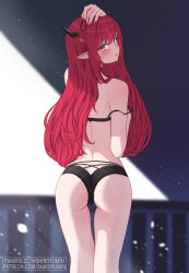 1girl ass black_bra black_horns black_panties blush bra from_behind hand_up highres hololive hololive_english horns irys_(hololive) long_hair looking_back panties pointy_ears red_hair shiroyumin solo underwear underwear_only virtual_youtuber watermark web_address