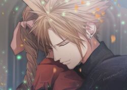1boy 1girl aerith_gainsborough armor blonde_hair braid braided_ponytail brown_hair church closed_eyes cloud_strife couple earrings falling_petals final_fantasy final_fantasy_vii final_fantasy_vii_rebirth final_fantasy_vii_remake hair_between_eyes hair_ribbon hetero highres hug jacket jewelry long_hair petals pink_ribbon red_jacket ribbon short_hair shoulder_armor signature single_braid single_earring smile turtleneck twitter_username upper_body yuu_crazy_doll_sae