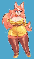 1girl absurdres animal_ears breasts cleavage conductor&#039;s_wife_(the_murder_of_sonic_the_hedgehog) curvy earrings female_focus full_body furry furry_female glasses hand_on_own_hip high_heels highres huge_breasts jamoart jewelry long_hair looking_at_viewer pink_hair plump scarf secretary simple_background skindentation solo sonic_(series) tail the_murder_of_sonic_the_hedgehog thick_thighs thighhighs thighs wide_hips yellow_eyes