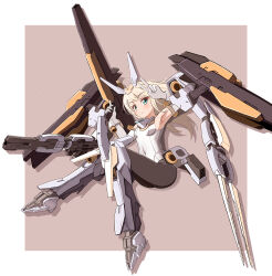 1girl absurdres armpits baselard black_pantyhose blonde_hair breasts elbow_gloves floating frame_arms_girl gloves green_eyes gun haruwo0096 headgear highres holding holding_gun holding_weapon kotobukiya kotobukiya_bishoujo leotard long_hair mecha_musume mechanical_wings pantyhose small_breasts smile solo sword weapon white_gloves white_leotard wings