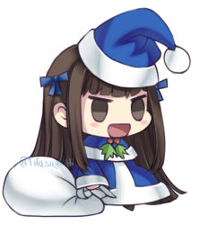 1girl :d blue_capelet blue_coat blue_hat blush_stickers brown_eyes brown_hair capelet chibi christmas coat commentary fruits_basket fur-trimmed_capelet fur_trim hat holding holding_sack honda_tooru long_hair long_sleeves lowres meme open_mouth padoru_(meme) sack santa_hat sidelocks simple_background smile solo standing tifa_amakura twitter_username white_background