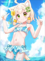 1boy ahoge animal_ears animal_print armpits artist_name bikini bikini_skirt blue_bikini bulge cat_boy cat_ears cat_tail closed_mouth coral_print crossdressing crossdressing_(mtf) day double_v fish_hair_ornament fish_print frilled_bikini frilled_bikini_top frills green_eyes hair_ornament hazakura_hinata heterochromia highres kaya_(hazakura_hinata) looking_at_viewer male_focus navel original outdoors shota smile solo stomach swimsuit tail trap v variant_set wading yellow_bikini yellow_eyes
