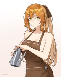1girl absurdres apron artist_name breasts brown_apron brown_ribbon chinese_commentary closed_mouth commentary_request girls&#039;_frontline girls&#039;_frontline_2:_exilium green_eyes hair_ribbon highres holding holding_kettle kettle long_hair looking_at_viewer mk_xlviii naked_apron orange_hair ribbon simple_background smile solo springfield_(girls&#039;_frontline) springfield_(girls&#039;_frontline_2) upper_body white_background