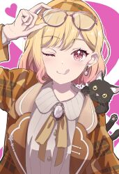 1girl :q ;3 absurdres adjusting_eyewear animal animal_on_shoulder black_cat blonde_hair blush brooch brown_hair brown_jacket cat cat_on_shoulder collared_shirt dress_shirt earrings eyelashes gradient_hair hairband hand_on_eyewear happy_enjoy_music!_(project_sekai) heart highres jacket jewelry kakari_(user_gtds4527) layered_clothes long_sleeves medium_hair multicolored_hair neck_ribbon official_alternate_costume one_eye_closed open_clothes open_jacket outline parted_bangs pearl_earrings pink-framed_eyewear pink_background pink_eyes pink_hair pink_nails plaid_clothes plaid_hairband plaid_jacket project_sekai ribbon shirt single_sidelock solo striped_clothes striped_shirt tenma_saki tongue tongue_out two-tone_background upper_body vertical-striped_clothes vertical-striped_shirt white_background white_outline white_shirt yellow_ribbon
