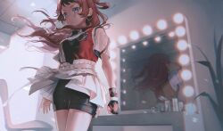 Rule 34 | 1girl, bike shorts under skirt, black shorts, blush, brown hair, chinese commentary, clenched hand, commentary request, crying, dengen kiru, different reflection, floating hair, gakuen idolmaster, gloves, hajime (idolmaster), hanami saki, highres, idolmaster, indoors, long hair, looking ahead, mirror, reflection, shirt, shorts, single glove, skirt, thighs, two-tone sweater vest, white shirt, white skirt