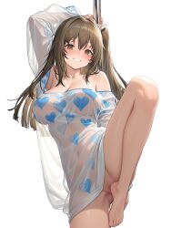 1girl barefoot bottomless breasts brown_eyes brown_hair cosplay covered_erect_nipples covering_crotch covering_privates detached_sleeves gd146 girls&#039;_frontline girls&#039;_frontline_2:_exilium heart heart_print highres k2_(girls&#039;_frontline) large_breasts leg_up long_hair looking_at_viewer navel no_panties off-shoulder_shirt off_shoulder pa-15_(girls&#039;_frontline) pa-15_(girls&#039;_frontline)_(cosplay) pa-15_(marvelous_yam_pastry)_(girls&#039;_frontline) pole see-through_clothes see-through_shirt shirt side_ponytail smile solo standing standing_on_one_leg white_background yoohee_(girls&#039;_frontline_2)