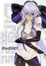 Rule 34 | 1girl, ahoge, bare shoulders, belt, black pants, black sleeves, blush, bow, breasts, cleavage, crop top, detached sleeves, ed0401, grey shirt, hair bow, headphones, headset, highres, long hair, medium breasts, midriff, navel, necktie, pants, ponytail, pubic tattoo, purple belt, purple necktie, red eyes, shiny skin, shirt, solo, standing, striped bow, tattoo, very long hair, vocaloid, white hair, yowane haku