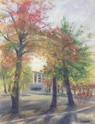 Rule 34 | building, dappled sunlight, day, highres, no humans, norako pastel, original, painting (medium), pastel (medium), road, sapling, shadow, sunlight, traditional media, tree, tree shade