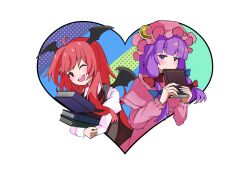 2girls ;d ahoge bat_wings black_dress black_wings blue_bow blunt_bangs blush book book_stack bow capelet commentary_request covering_own_mouth crescent crescent_hat_ornament dot_nose dress dropping hair_bow halftone halftone_background hat hat_ornament head_tilt head_wings heart highres hime_cut holding holding_book hugging_book hugging_object juliet_sleeves koakuma long_hair long_sleeves looking_at_viewer low-tied_long_hair mob_cap multiple_girls multiple_hair_bows one_eye_closed open_mouth patchouli_knowledge pinafore_dress pink_capelet pink_dress pink_hat puffy_sleeves purple_eyes purple_hair red_bow red_eyes red_hair shirt_under_dress sidelocks simple_background sleeveless sleeveless_dress smile striped_background teeth totemokame touhou upper_teeth_only very_long_hair white_background wings