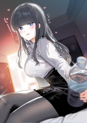 1girl :d absurdres bed_sheet black_hair black_skirt blue_eyes blurry blurry_background blurry_foreground blush bottle chikuwa. commentary_request crossed_legs depth_of_field feet_out_of_frame grey_pantyhose heart heart-shaped_pupils highres holding holding_bottle long_hair looking_at_viewer open_mouth original pantyhose pencil_skirt sitting skirt smile solo symbol-shaped_pupils textless_version very_long_hair water water_bottle