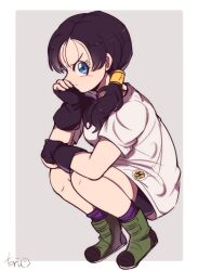 Rule 34 | 1girl, bike shorts, black hair, blue eyes, closed mouth, dragon ball, dragonball z, fingerless gloves, full body, gloves, highres, hottori yangu, long hair, looking at viewer, shirt, solo, twintails, videl, white shirt