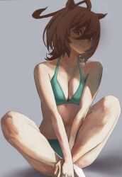 1girl agnes_tachyon_(umamusume) ahoge animal_ears bikini breasts brown_hair cleavage closed_mouth green_bikini grey_hair hair_between_eyes hands_on_own_feet highres horse_ears horse_girl huge_ahoge looking_at_viewer medium_breasts medium_hair o_ko_ge2024 red_eyes simple_background sitting smile solo swimsuit umamusume