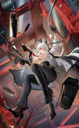 Rule 34 | 1girl, absurdres, alternate hair length, alternate hairstyle, arm pouch, ass, black gloves, black horns, black jacket, black pants, black pouch, black shoes, breasts, chinese commentary, closed mouth, commentary request, curled horns, full body, gloves, gun, high heels, highres, holding, holding gun, holding weapon, horns, jacket, jacket on shoulders, large breasts, long hair, looking at viewer, midair, necktie, no bra, open clothes, open shirt, pants, partial commentary, red eyes, red necktie, sabou san-shitsu kokoro, shirt, shirt tucked in, shoes, smoke grenade, solo, submachine gun, thompson submachine gun, tight clothes, tight pants, weapon, white hair, white shirt, wuthering waves, zani (wuthering waves)