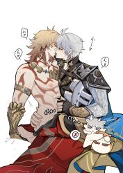 2boys abs antenna_hair arm_tattoo armlet armor bite_mark black_choker black_gloves black_pants black_shirt blonde_hair blue_cape blue_eyes blush braid cape chest_tattoo chimera_(honkai:_star_rail) choker clawed_gauntlets coat covering_another&#039;s_eyes facial_tattoo fig_stew_(honkai:_star_rail) fingerless_gloves french_kiss gloves gold_necklace goldenpenguin96 gradient_hair hair_between_eyes hand_on_another&#039;s_ass handjob highres honkai:_star_rail honkai_(series) jewelry kiss male_focus medium_hair multicolored_hair multiple_boys mydei_(honkai:_star_rail) necklace pants pauldrons phainon_(honkai:_star_rail) phainon_(vigethos)_(honkai:_star_rail) red_hair red_tattoo saliva shirt short_hair shoulder_armor side_braid simple_background single_glove single_pauldron tattoo toned toned_male white_background white_coat white_hair yaoi yellow_eyes