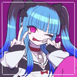 1girl :p amemiya_darumi black_bow black_hair blue_hair bow chiyo408 choker commentary_request hair_bow leg_up multicolored_hair one_eye_closed pink_eyes pink_thighhighs portrait purple_background red_choker simple_background solo striped_clothes the_hundred_line_-last_defense_academy- thighhighs tongue tongue_out two-tone_hair two_side_up v