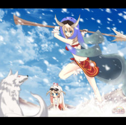 2girls animal_gloves animal_hands attack auer bad_id bad_pixiv_id bikini bikini_top_only blonde_hair blue_eyes choky dress latale letterboxed mountain multiple_girls pelt polearm seal_(animal) selki shaggy_(latale) skirt snow spear swimsuit walrus weapon wolf