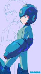 Rule 34 | 1boy, absurdres, arm cannon, blue bodysuit, blue eyes, blue helmet, bodysuit, closed mouth, expressionless, feet out of frame, grey background, helmet, highres, looking ahead, male focus, mega man (character), mega man (classic), mega man (series), signature, solo, weapon, yasaikakiage, zoom layer