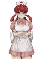 Rule 34 | 1girl, :/, apron, blue eyes, closed mouth, collared shirt, crossed arms, dress, hair rings, hat, highres, joy (pokemon), long hair, looking at viewer, nintendo, nurse, nurse cap, pink dress, pink hair, poke ball print, pokemon, pokemon (anime), pokemon (classic anime), raberu ruru, shirt, short sleeves, solo, white apron, white background