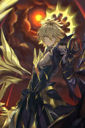 Rule 34 | 1boy, absurdres, blonde hair, chromatic aberration, commentary request, cowboy shot, gauntlets, hair between eyes, halo, hand up, highres, holding, holding sword, holding weapon, honkai: star rail, honkai (series), iras17514, looking at viewer, male focus, parted lips, phainon (honkai: star rail), short hair, sky, solo, sword, toned, toned male, weapon, yellow eyes