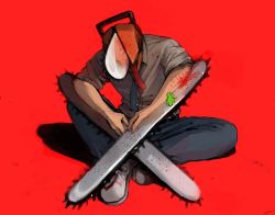 1girl blood blood_on_clothes bloody_weapon chainsaw_man collared_shirt denji_(chainsaw_man) frog h3b838 highres hybrid necktie red_background sharp_teeth shirt simple_background sitting sleeves_rolled_up solo teeth tongue tongue_out weapon white_shirt