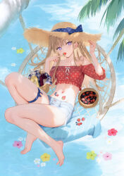 1girl absurdres adjusting_clothes adjusting_headwear barefoot blonde_hair blue_ribbon blueberry bottle braid bright_pupils cropped_shirt cutoffs denim denim_shorts dot_nose eating eshi_100_nin_ten feet finger_to_mouth flower food food_in_mouth food_on_body fruit full_body hanging_chair hat hat_ribbon highres looking_at_viewer mignon navel off-shoulder_shirt off_shoulder outdoors pink_flower polka_dot polka_dot_ribbon polka_dot_shirt purple_eyes red_shirt ribbon scan shirt shorts sitting solo straw_hat strawberry third-party_source toes white_flower wine_bottle yellow_flower