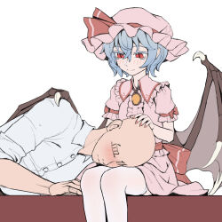 1boy 1girl bald bat_wings blue_hair blush bow center_frills closed_mouth collared_shirt frilled_shirt_collar frills hair_between_eyes hat hat_ribbon headpat highres lap_pillow lying mob_cap on_side pink_hat pink_shirt pink_skirt puffy_short_sleeves puffy_sleeves red_bow red_eyes red_nails red_ribbon remilia_scarlet ribbon shirt short_hair short_sleeves simple_background sitting skirt sleeve_bow sleeves_rolled_up slit_pupils smile thighhighs touhou white_background white_shirt white_thighhighs wings youpofen