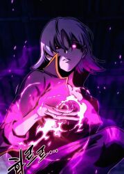 1girl academy_sashimi_sword_master black_background grey_hair kim_intructor magic magical_girl red_eyes