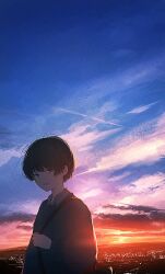 1boy :d bag banakotakemaru black_hair bloom blue_sky blue_sweater brown_eyes city_lights cityscape cloud cloudy_sky collared_shirt film_grain gradient_sky highres horizon looking_at_viewer male_focus open_mouth orange_sky original shirt short_hair shoulder_bag sky smile solo sunset sweater white_shirt