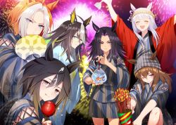 6+girls animal_ears bag beanie black_hair black_shirt black_shorts blue_eyes blue_kimono blurry bokeh brown_hair candy_apple clenched_teeth closed_eyes closed_mouth depth_of_field dream_journey_(umamusume) ears_through_headwear fenomeno_(umamusume) fireworks fish food frown glasses gold_ship_(umamusume) goldfish grey_hair hachimaki hand_fan haori hat headband holding holding_fan horse_ears jacket japanese_clothes kimono licking_lips long_hair long_sleeves looking_at_viewer multicolored_hair multiple_girls nakayama_festa_(umamusume) nejiri_hachimaki one_eye_closed open_mouth orange_hair orfevre_(umamusume) paper_fan parted_lips purple_eyes romi_(346_ura) shirt shorts smile spatula stay_gold_(umamusume) streaked_hair sweatdrop teeth tongue tongue_out tracen_ondo_outfit_(umamusume) twitter_username uchiwa umamusume v-shaped_eyebrows watermark