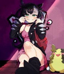 1girl against_wall asymmetrical_bangs backpack bag black_boots black_choker black_hair black_jacket blush boots choker dress fingersmile gen_8_pokemon graffiti green_eyes grin hair_ribbon hands_up highres jacket marnie_(pokemon) mirmir0123 morpeko morpeko_(full) nintendo pink_dress poke_ball poke_ball_(basic) pokemon pokemon_(creature) pokemon_swsh red_bag red_ribbon ribbon sitting smile teeth twintails undercut