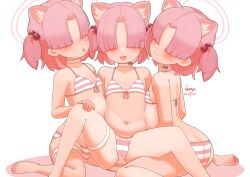 3girls :3 ass barefoot belly bikini blue_archive blush breasts chlorella_observation_club_member_(blue_archive) feet front-tie_bikini_top front-tie_top hair_over_eyes highres loli long_bangs multiple_girls navel pachiki8p pink_bikini pink_hair plump small_breasts stomach striped_bikini striped_clothes swimsuit toes tongue tongue_out white_bikini
