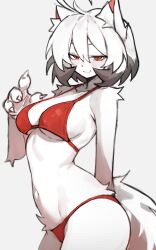 1girl absurdres ahoge animal_ears arm_behind_back black_hair body_fur bow breasts closed_mouth commentary english_commentary furry furry_female grey_background hair_between_eyes highres looking_at_viewer medium_breasts multicolored_hair original red_bow red_eyes shigezie short_hair simple_background smile solo tail two-tone_hair white_fur white_hair