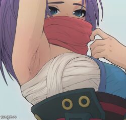 1girl arm_up armpit_focus armpits artist_logo artist_name blue_background blue_eyes breasts chest_sarashi covered_mouth eyelashes japanese_clothes logo looking_at_viewer marvel medium_breasts obi ponytail presenting_armpit psylocke purple_hair rengaboo sarashi sash scarf scarf_over_mouth simple_background solo textless_version upper_body