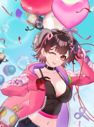 1girl ;p absurdres black_choker black_tank_top blue_sky breasts brown_hair choker cleavage closed_mouth commentary_request confetti crop_top hair_ornament hair_ribbon hairclip higeji_(higeji404) highres hololive hood hooded_jacket jacket lens_flare long_hair looking_at_viewer medium_breasts midriff navel official_alternate_costume official_alternate_hairstyle one_eye_closed pink_jacket pink_ribbon ribbon roboco-san roboco-san_(workoutwear) robosaa_(roboco) short_hair sky sleeves_past_wrists solo speech_bubble tank_top tongue tongue_out two_side_up virtual_youtuber winding_key x_hair_ornament yellow_eyes