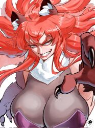 1girl animal_ears breasts claws cleavage grin highres huge_breasts initial jgeorgedrawz long_hair looking_at_viewer original pink_eyes red_hair smile solo upper_body
