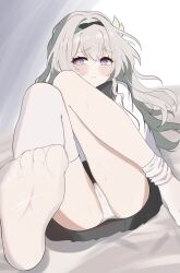 1girl absurdres black_hairband black_skirt blush cameltoe commentary_request firefly_(honkai:_star_rail) firefly_(spring_missive)_(honkai:_star_rail) hairband highres honkai:_star_rail honkai_(series) long_hair multicolored_eyes nuuuukoame official_alternate_costume panties school_uniform serafuku sitting skirt soles solo thighhighs thighs two-tone_eyes underwear white_panties white_serafuku white_thighhighs