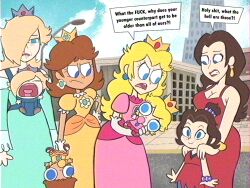 aged_down baby baby_carrier baby_daisy baby_peach baby_rosalina bare_shoulders blonde_hair blue_eyes breasts brown_hair cleavage crown crying donkey_kong_(series) donkey_kong_bananza dress drooling earrings flower_earrings gloves gold_earrings hair_over_one_eye highres jewelry lolwutburger long_hair mario_(series) mario_kart mouth_drool multiple_girls nintendo open_mouth orange_dress pacifier pauline_(mario) pauline_(young)_(mario) pink_dress princess_daisy princess_peach red_dress rosalina shoes short_hair short_sleeves silver_crown sleeveless toon_(style) upside-down white_gloves
