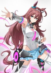 1girl animal_ears blue_eyes blue_skirt breasts brown_hair commentary_request covered_navel gradient_background grey_background highres horse_ears horse_girl horse_tail kanaria_hisagi long_hair looking_at_viewer medium_breasts mihono_bourbon_(umamusume) necktie pink_necktie skirt solo tail thighhighs umamusume white_thighhighs