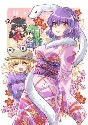 Rule 34 | 4girls, black hair, chinese zodiac, colonel aki, detached sleeves, flower, fur-trimmed kimono, fur trim, green eyes, green hair, hakurei reimu, happy new year, japanese clothes, kimono, kochiya sanae, moriya suwako, multiple girls, new year, nontraditional miko, red eyes, snake, touhou, white snake, wide sleeves, yasaka kanako, year of the snake