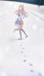 1girl animal_ears brown_shoes closed_eyes commentary_request dated footprints hairband horse_ears horse_girl horse_tail long_hair looking_back open_mouth orange_hair outdoors pov purple_shirt purple_skirt purple_thighhighs sailor_collar school_uniform shirt shoes silence_suzuka_(umamusume) skirt smile snow solo tail takuzui thighhighs tracen_school_uniform twitter_username umamusume umbrella