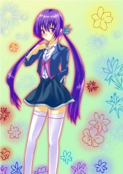 1girl ar_tonelico ar_tonelico_iii bad_id bad_pixiv_id blazer female_focus finnel_(ar_tonelico) gradient_background gust hair_ornament izumi_shiika jacket long_hair plant purple_eyes purple_hair school_uniform skirt solo thighhighs twintails white_thighhighs