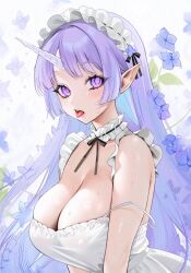 1girl black_ribbon blood blue_flower blush breasts cleavage dress flower from_side highres horns large_breasts long_hair maid_headdress neck_ribbon ompf original pointy_ears purple_eyes purple_hair ribbon single_horn skindentation solo strap_slip tongue tongue_out upper_body wet wet_hair white_background white_dress