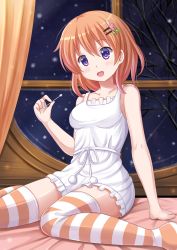 1girl :d blush breasts brown_hair brown_thighhighs camisole collarbone cotton_swab curtains female_focus gochuumon_wa_usagi_desu_ka? hair_ornament hairclip highres holding hoto_cocoa kazenokaze open_mouth purple_eyes sitting smile snowing solo striped_clothes striped_thighhighs thighhighs wariza window zettai_ryouiki
